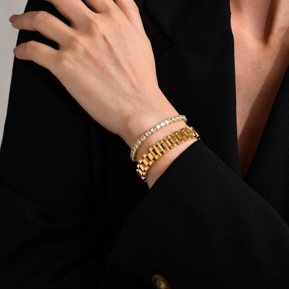 MPRAINBOW 2pcs Gold Chain Link Bracelet  Stainless Steel Love Crystal Friendship - Picture 4 of 6